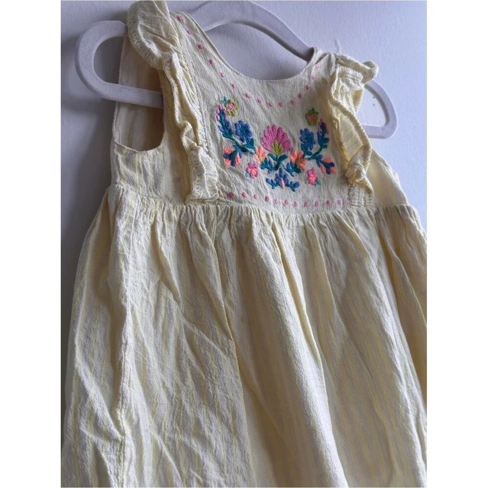 Yellow Striped Embroidered Ruffle Dress